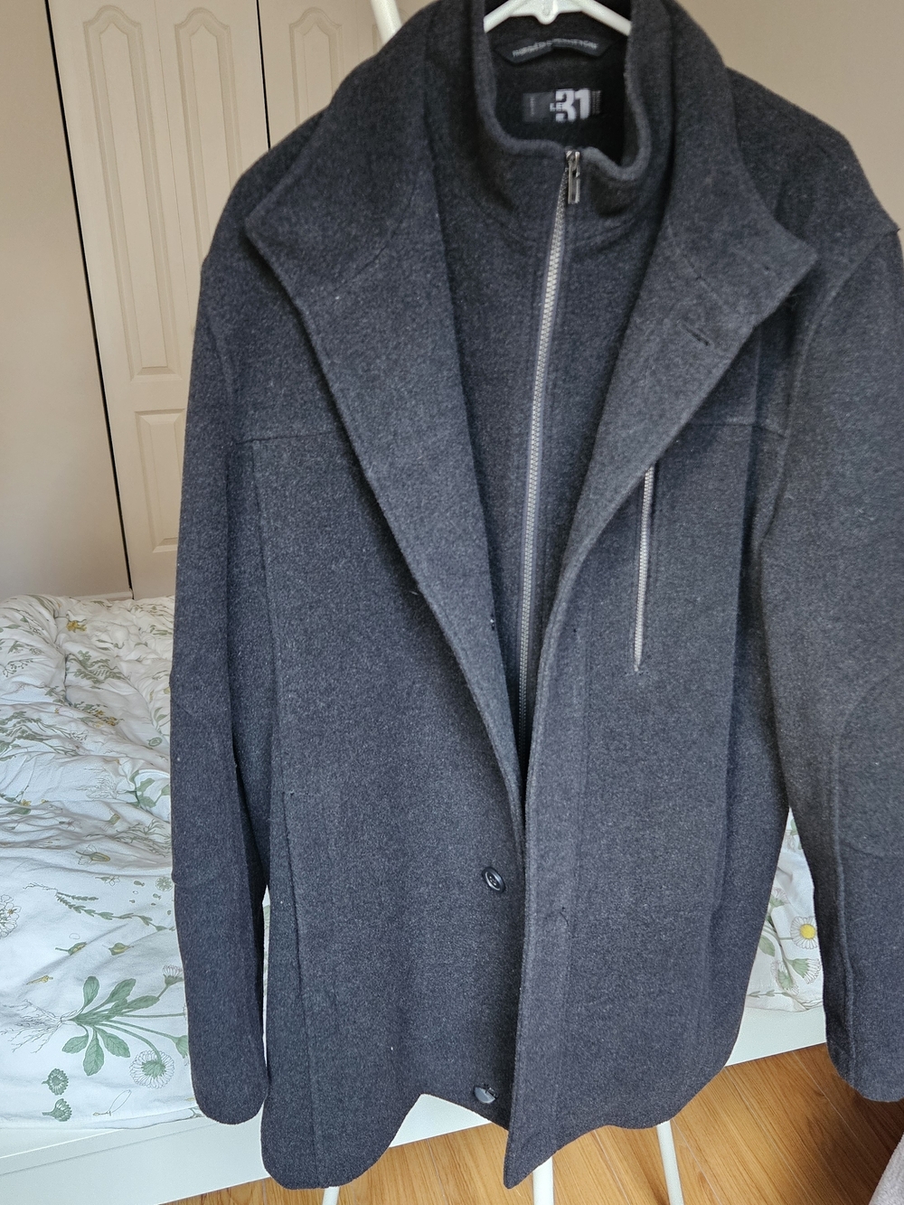 Men's Dark Gray Wool Pea Coat with Zip-Front Layer
